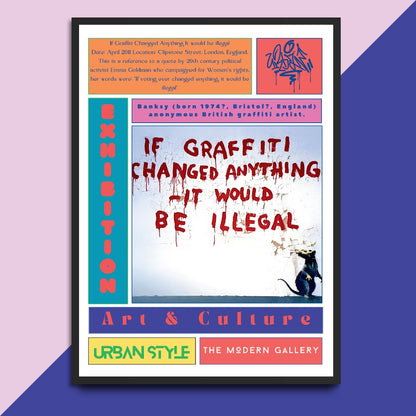  Inspired by Emma Goldman's famous quote, "If voting ever changed anything, it would be illegal," this street art poster proclaims, "If Graffiti Changed Anything It Would Be Illegal." Reflecting on the power of street art to challenge the status quo, this poster makes a bold statement and encourages critical thinking. Own a piece of thought-provoking art and show your support for free expression.