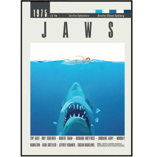 Display your love for classic cinema with the Jaws Poster featuring one of Steven Spielberg's most iconic films. This wall decor poster showcases the legendary movie that defined the blockbuster era. Add a touch of nostalgia to your home or office with this must-have piece for any movie buff.