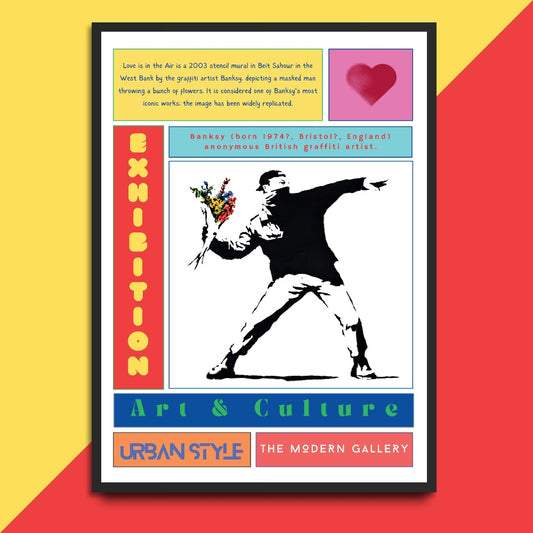 Experience the iconic street art of Banksy with our LOVE IN THE AIR Poster. Admire the unique style and thought-provoking messages as you bring a touch of urban culture to your space. Perfect for any art lover, this poster captures the true essence of Banksy's work.