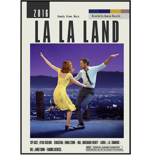 Featuring iconic movie posters from Damien Chazelle Films, the La La Land Poster showcases the best in vintage retro Wall Art Prints. This Custom Movie Poster comes in various sizes and highlights the top cast, director, and most famous scenes from one of the best movies of all time. Enhance your room with this artistic and informative WALL ART DECOR POSTER.