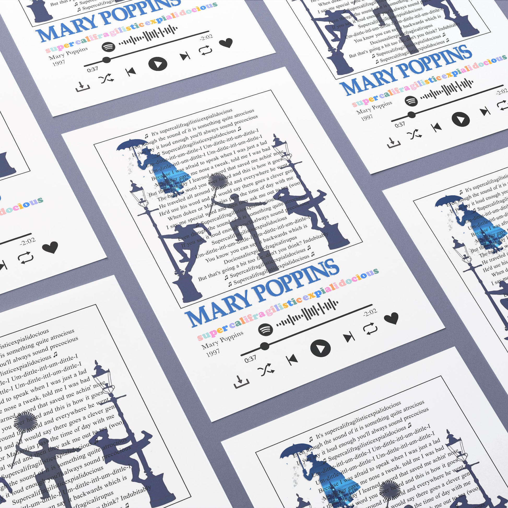 "Have a spoonful of fun with these amazing Mary Poppins - Supercalifragilisticexpialidocious Prints! From your favorite Spotify song to any song lyric of your choice, these prints let you express yourself in the most unique way! With 100s of unique designs, and the option to personalise lyrics, these colorful poster prints are an excellent way to add a bit of fun to your walls!"