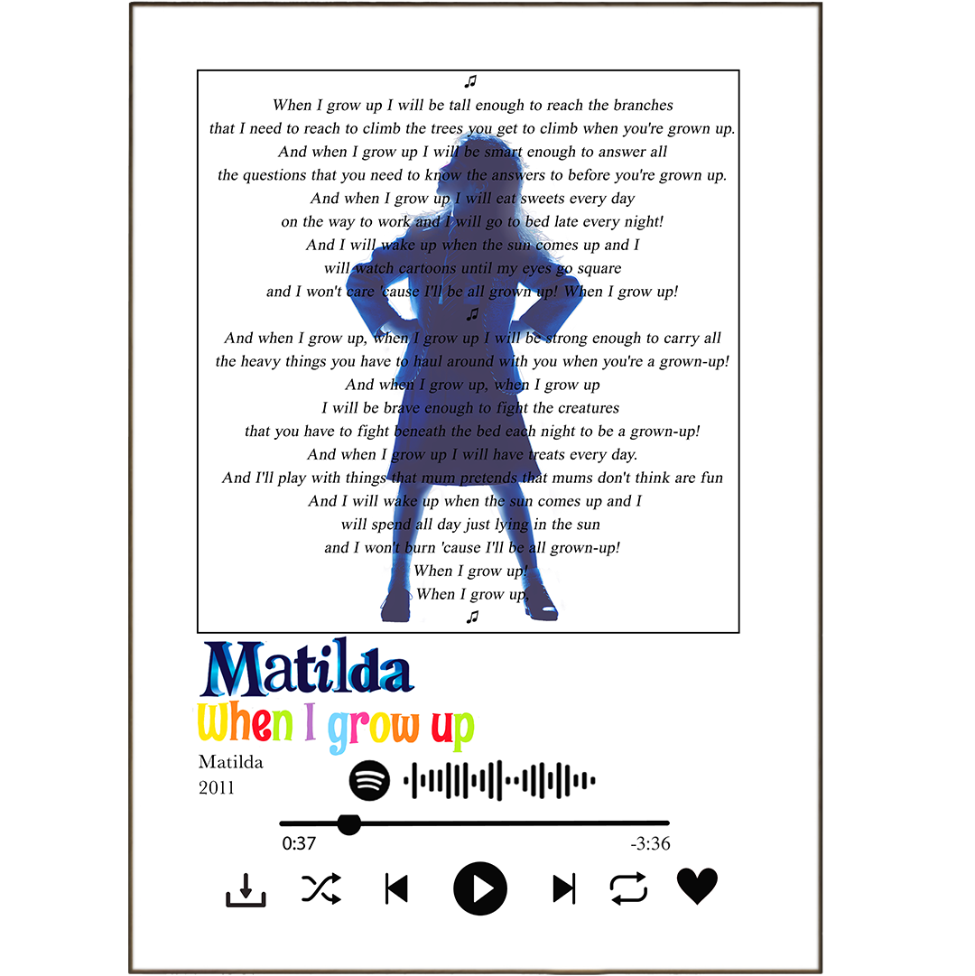 Show off your love for Matilda The Musical with these unique song lyric prints! Our best song lyric prints come personalized with your favorite song, from Spotify Music to any song lyric you can imagine. Decorate your walls with these colourful printed song lyrics posters, artwork from song lyrics, any song lyrics custom, and 100s of unique designs. Pick your fave and enjoy the music!
