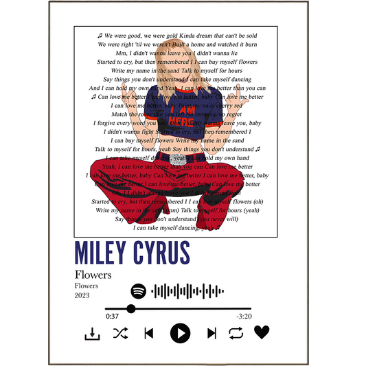 Liven up your space with these one-of-a-kind Miley Cyrus song lyric prints! Spice up your walls with personalized "prints-by-lyric" - add a photo of your own, or get the house rocking with your favourite song's beats. It'll be music to your walls' ears!
