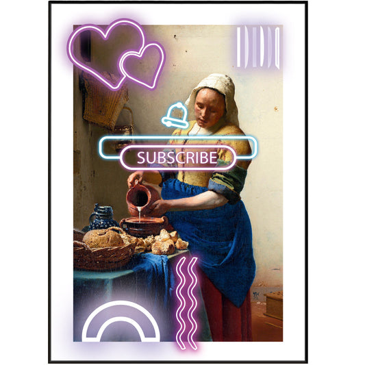 View the stunning radiance of THE MILKMAID Painting Neon Poster, created by acclaimed master of light and color, JOHANNES VERMEER in 1660. Delve into the rich history of art and discover the brilliance of famous painters. A must-have for any art enthusiast's collection.