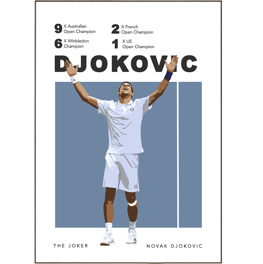 Show your appreciation for the world’s best tennis players with these Novak Djokovic Tennis Posters. Select from Grand Slam tournaments, tennis courts, and minimalist prints, all available in 5 sizes: A6, A5, A4, A3, and print-at-home. Bring the spirit of tennis to any room with these high-quality prints of the champion tennis player.