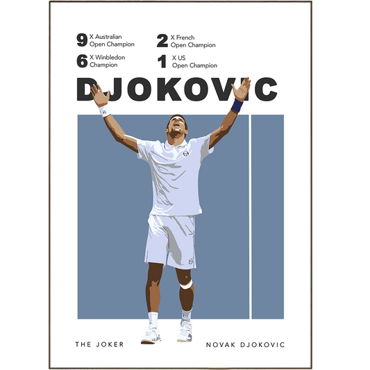 Show your appreciation for the world’s best tennis players with these Novak Djokovic Tennis Posters. Select from Grand Slam tournaments, tennis courts, and minimalist prints, all available in 5 sizes: A6, A5, A4, A3, and print-at-home. Bring the spirit of tennis to any room with these high-quality prints of the champion tennis player.