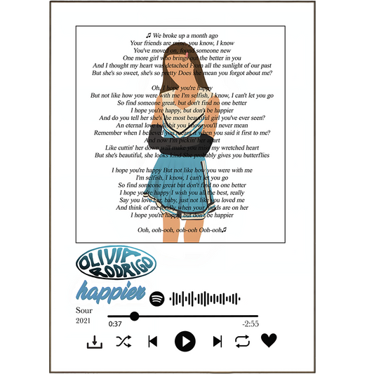Bring the lyrics that mean the most to you to life with Olivia Rodrigo's Happier Prints! Our unique designs offer a perfect way to show off your Spotify playlist, with 100s of vibrant prints to choose from. With our personalized song lyrics prints, you'll be sure to have art that reflects your taste. Get the ultimate wall art with these song lyric posters, and make a statement with any song lyric custom art! There's no happier way to keep the melody alive.