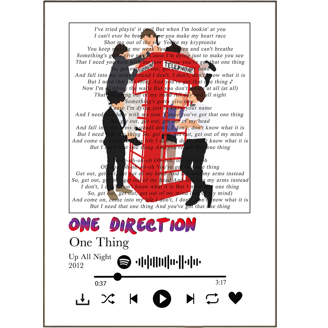 Sing your heart out with our One Direction Song Lyric Prints! From classic lyrics to your own personalised picks from Spotify, we've got all the lyrical wall art you need to give your home that special music-filled touch. Whatever your taste in music, we've got the prints to match—unique and best song lyric prints, with original artwork and song lyrics printed on the spot! Become the ultimate fan and decorate your walls with your favorite songs.