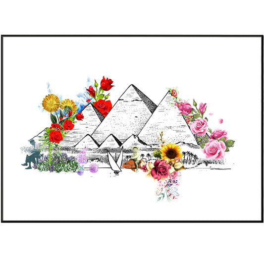 This Pyramids Egypt Flowers Poster features a detailed anatomy for art, human anatomy for drawing and human art anatomy. Monuments, human anatomy in art and anatomy posters are included to make it a beautiful home wall art decor. The pyramids of Giza are captured in vivid color for a stunning visual.