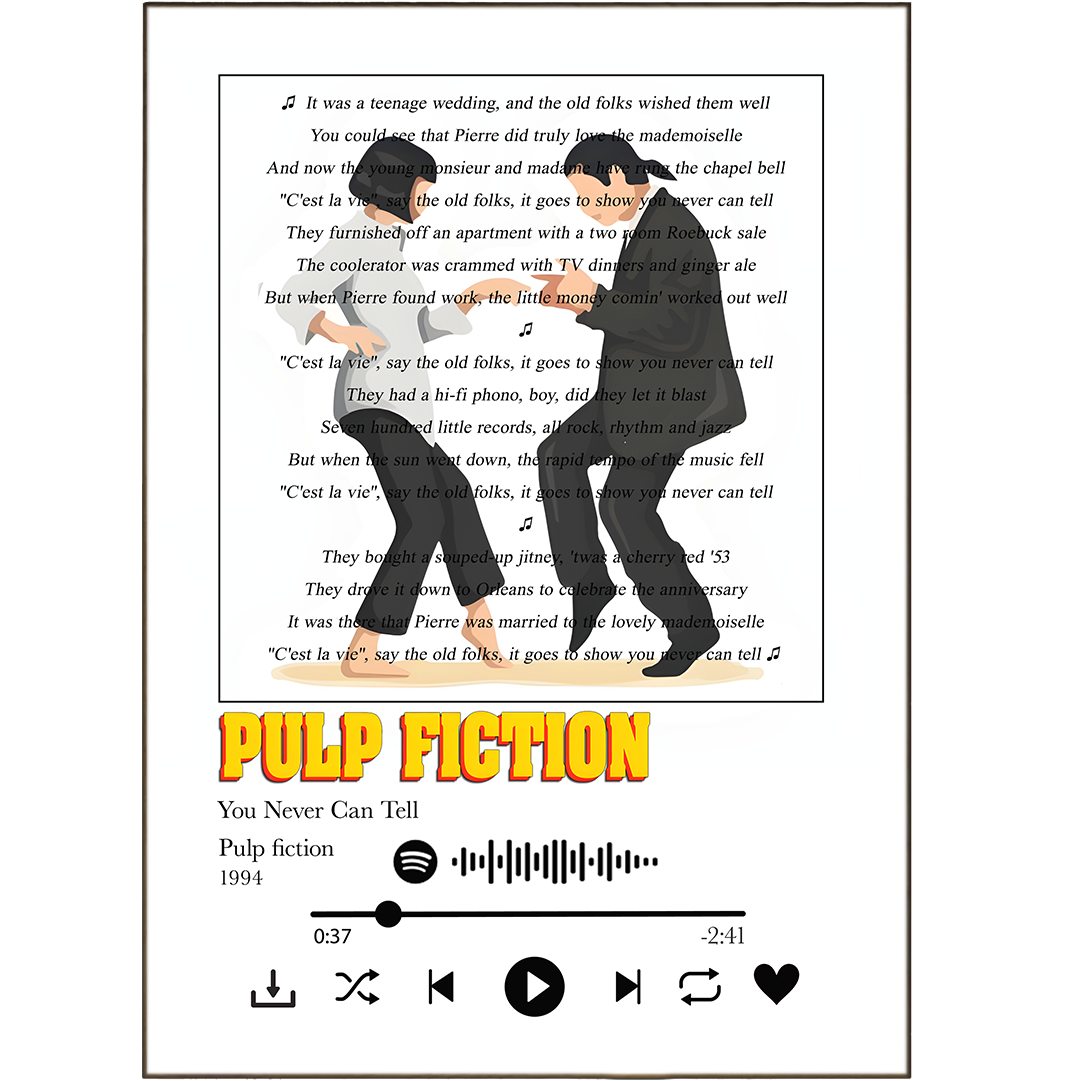 Break out your dance moves and add some rhythm to your walls with our Pulp Fiction - You Never Can Tell Prints! Get creative and personalize your wall art with your favorite song lyrics from any Spotify Music track. With a variety of options ranging from unique song lyric prints to classic wall art song prints, our lyrics-on-print are guaranteed to bring life to your walls!