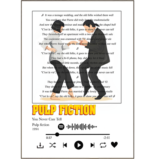 Break out your dance moves and add some rhythm to your walls with our Pulp Fiction - You Never Can Tell Prints! Get creative and personalize your wall art with your favorite song lyrics from any Spotify Music track. With a variety of options ranging from unique song lyric prints to classic wall art song prints, our lyrics-on-print are guaranteed to bring life to your walls!