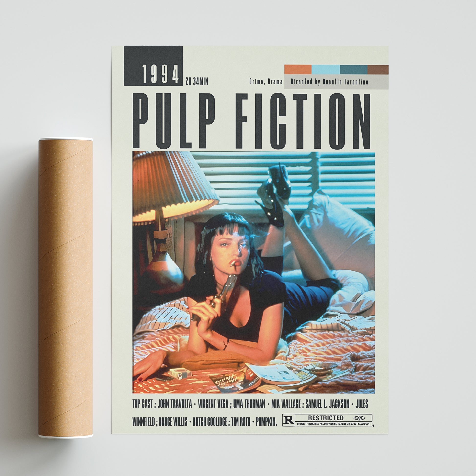 Enhance your home decor with our original, high-quality Pulp Fiction posters. Choose from a range of sizes, including A6 to A3, and bring a touch of midcentury modern style to any room with our vintage-inspired movie art posters. Add a minimalist touch with our custom prints and elevate your space with the best movies of all time.