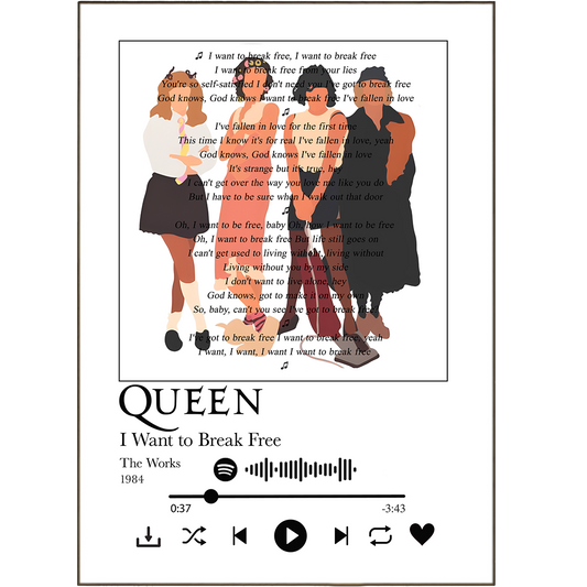 Let your walls be your playlist with Queen's "I Want to Break Free" Prints! Printed with unique lyrics from your favorite songs, these lyric prints are sure to hit all the right notes. Personalize your wall art with our Spotify Music option and you'll be finding new music to boogie too in no time! Looking for something extra special? Check out our original art song lyric prints!
