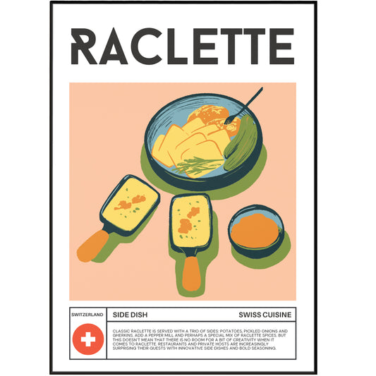 Discover a world of delicious cuisine with our RACLETTE Wall Art Poster. Decorate your kitchen with this colorful and modern poster featuring famous meals, retro food art, and a world cuisine guide. Perfect for food lovers and a great addition to any kitchen decor.