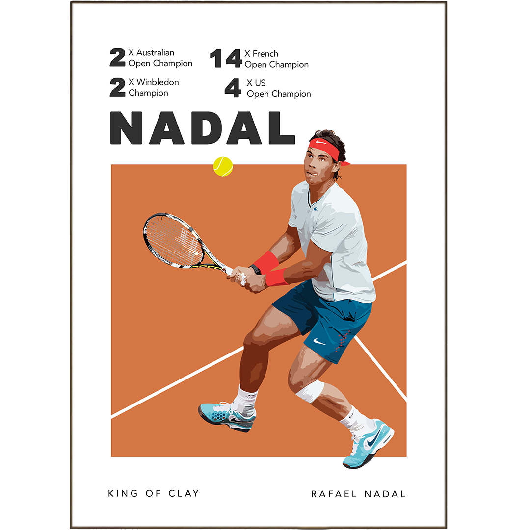 Show off your love for Rafael Nadal and tennis with our official posters! Featuring tennis tournaments and Grand Slam Posters, they come in 5 sizes from A6 - A4 so you can find the right size for any wall. Or print at home and safe time. Complete your wall with our Tennis Courts Art Prints for a minimalist touch. No matter your style, we've got the perfect poster for you!