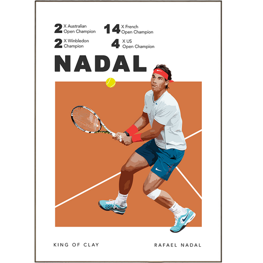 Show off your love for Rafael Nadal and tennis with our official posters! Featuring tennis tournaments and Grand Slam Posters, they come in 5 sizes from A6 - A4 so you can find the right size for any wall. Or print at home and safe time. Complete your wall with our Tennis Courts Art Prints for a minimalist touch. No matter your style, we've got the perfect poster for you!