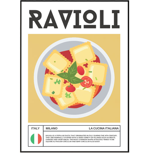 Display your love for food and art with our RAVIOLI Wall Art Poster. Featuring colorful prints and famous meals from around the world, this retro-style poster is perfect for adding a touch of modern kitchen decor to any space. Indulge your inner foodie with this unique and educational piece.