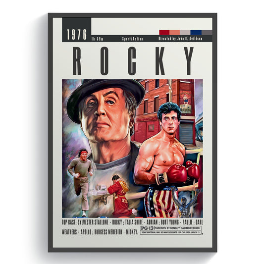 Add a touch of nostalgia to your home decor with our retro Rocky movie posters. Featuring iconic 80s and 90s movies, these midcentury modern style prints are perfect for any film buff. Elevate your walls with these minimalistic and timeless pieces of Hollywood history.
