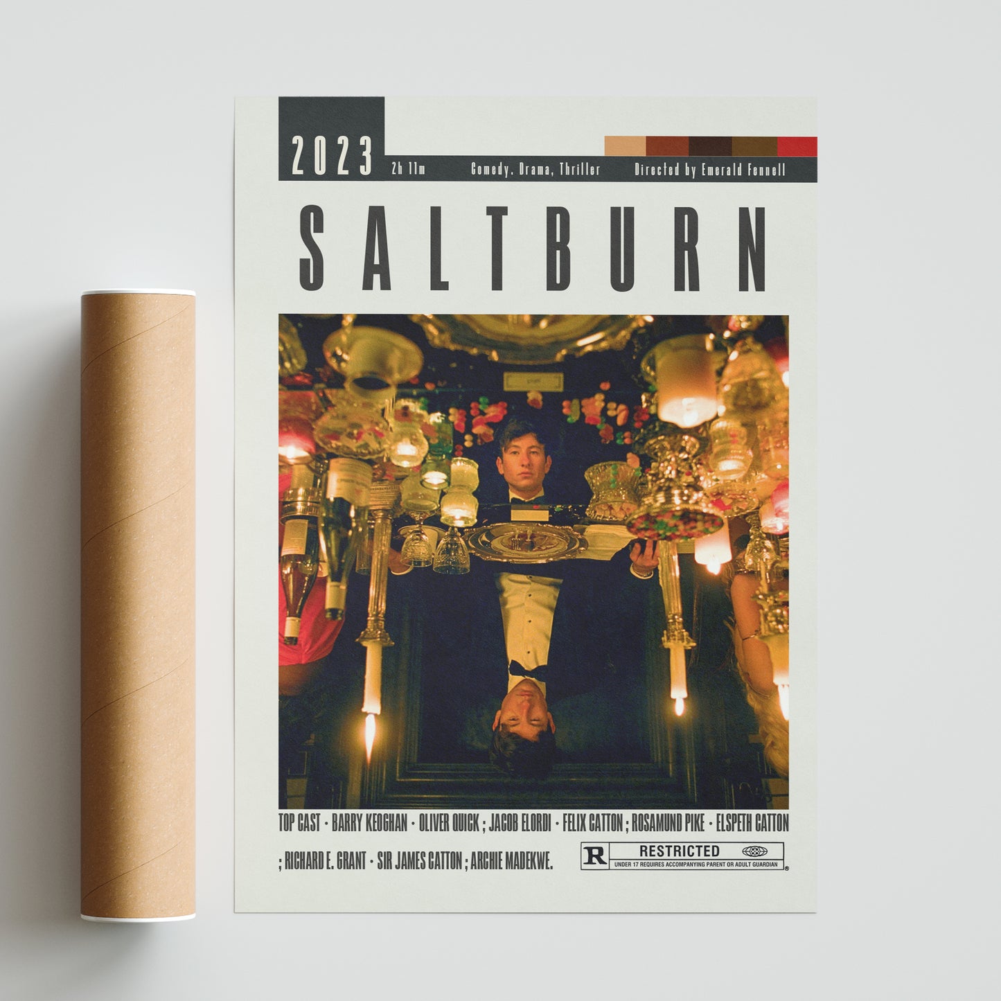 Elevate your home decor with our Saltburn Poster featuring stunning original movie art posters. Available in various sizes, this vintage-inspired wall art print is perfect for any midcentury or retro style. Add a touch of cinema to your space with this custom, minimalist movie poster of the best movies of all time.