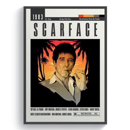 Experience the classics with our Scarface Movie Posters. Designed in a midcentury style, these prints showcase the best movies of all time. Perfect for Hollywood lovers or those looking to add a retro touch to their home decor. With 80s and 90s movie prints, bring a piece of history and nostalgia to your walls.