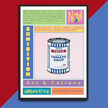 Add a modern and urban touch to your space with the Soup Can Tesco Street Art Poster. Featuring iconic street art by the renowned artist Banksy, this poster adds a bold statement to any room. Enjoy the unique and thought-provoking style of Banksy's artwork in the comfort of your own home.