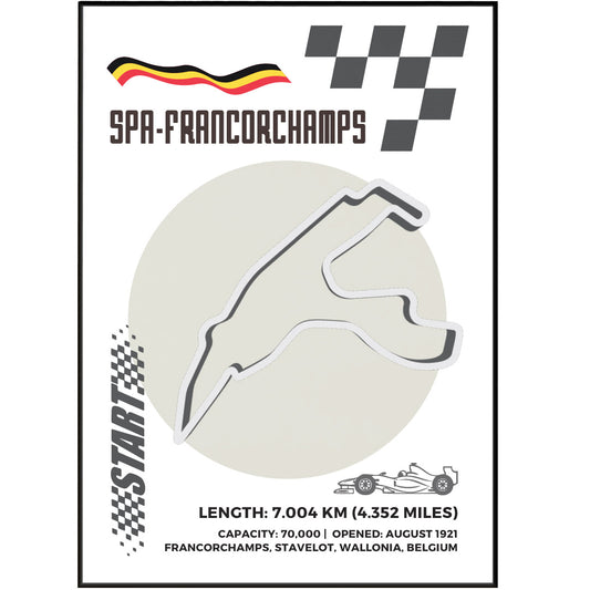 Transform your walls into a formula one fan's paradise with our Spa-Francorchamps Circuit F1 posters. Made with premium paper that is resistant to aging, each poster features a detailed map of the racing tracks and information on the circuit's history and notable moments. Get a complete look with our "Formula One Poster" and bring the thrill of F1 racing into your home.