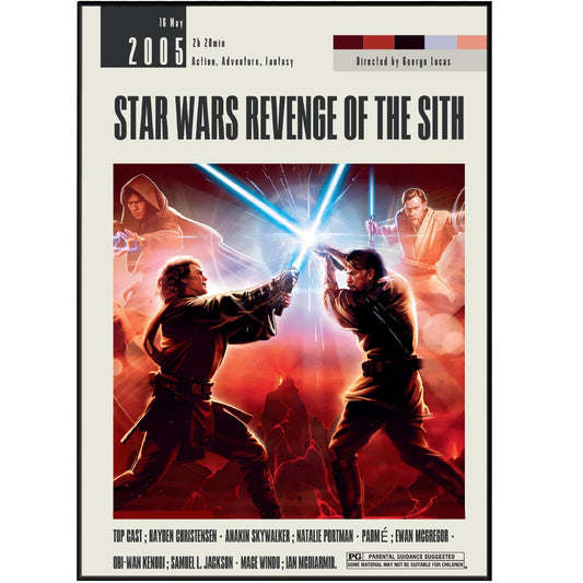 Explore a galaxy far, far away with our original Star Wars Revenge of the Sith poster. Featuring custom, minimalist movie art in various sizes from A6 to A3, this unframed vintage retro print is the perfect addition to any wall. Relive the best movie of all time with this unique wall art decor.