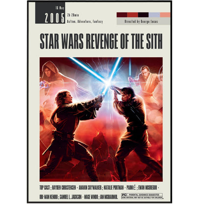 Explore a galaxy far, far away with our original Star Wars Revenge of the Sith poster. Featuring custom, minimalist movie art in various sizes from A6 to A3, this unframed vintage retro print is the perfect addition to any wall. Relive the best movie of all time with this unique wall art decor.