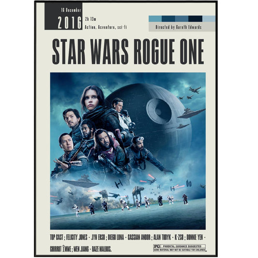 This Star Wars Rogue One Poster, directed by Gareth Edwards, will add a touch of nostalgia and style to any room. Featuring original and vintage movie art, it comes unframed in a range of sizes. Don't miss the chance to own a piece of movie history with this custom, minimalist wall art print.