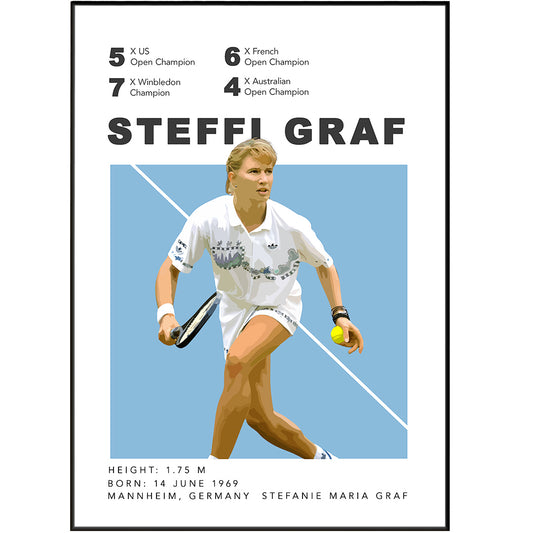 Steffi Graf Tennis Posters are perfect for any tennis fan, featuring tournaments, Grand Slams, and court prints in five sizes. Available as a print-at-home option, these prints look fantastic on any wall and last for years. Show your love of tennis with the perfect poster!