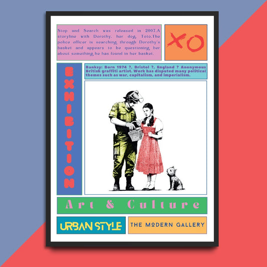 Discover the iconic street art of Banksy with our Stop and Search Street Art Poster. Featuring his famous pieces from London and Bristol, this poster showcases the artistry and message behind his thought-provoking graffiti. Add a touch of urban sophistication to your home or office with this must-have for any art lover.