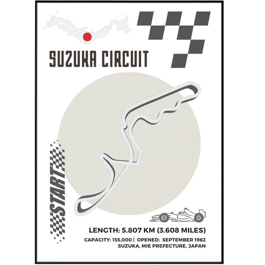 Immerse yourself in the world of Formula One with our Suzuka Circuit F1 posters. Printed on matte premium paper, each poster features a detailed map of the racing track and information about its history, country, and notable moments. Perfect for any fan, these posters are a dream come true for any Formula One lover.
