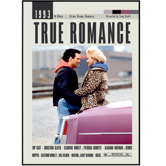 "Revamp your home decor with our True Romance Poster! Featuring iconic Tony Scott movies and a touch of midcentury style, this retro movie art is the perfect minimalist addition to your walls. A must-have for any Hollywood movie lover. (Best movie posters of all time!)"