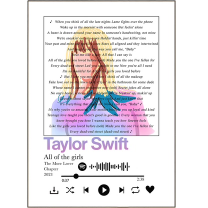This Taylor Swift lyric poster showcases your favourite song in a personalized print, perfect for a first dance or gift. With high-quality lyric art and a customizable frame, this print makes a unique addition to your home decor. Expertly crafted with song lyrics, this art print is a must-have for any Taylor Swift fan.