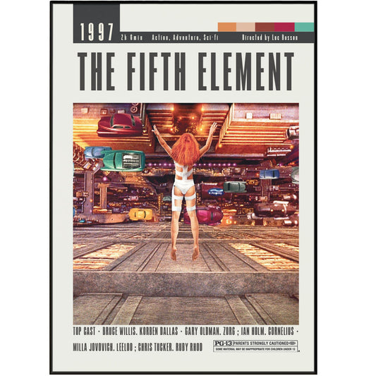 Experience the futuristic world of Luc Besson's captivating film, The Fifth Element, with this high-quality poster. Featuring stunning visuals and a thought-provoking storyline, this poster is a must-have for any fan of the acclaimed director's work. Bring home a piece of movie magic with The Fifth Element Poster.