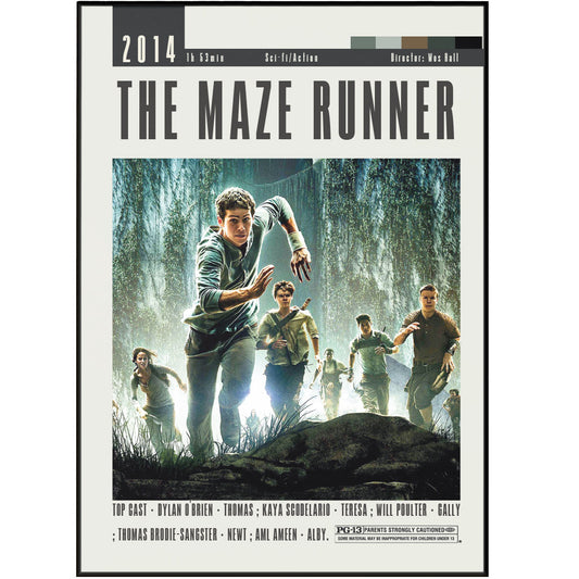 This poster features The Maze Runner, a thrilling film directed by Wes Ball. Expertly made, this poster showcases the intense and heart-pumping action of the movie, bringing it to life for fans and collectors. Own a piece of cinematic history with this stunning poster.