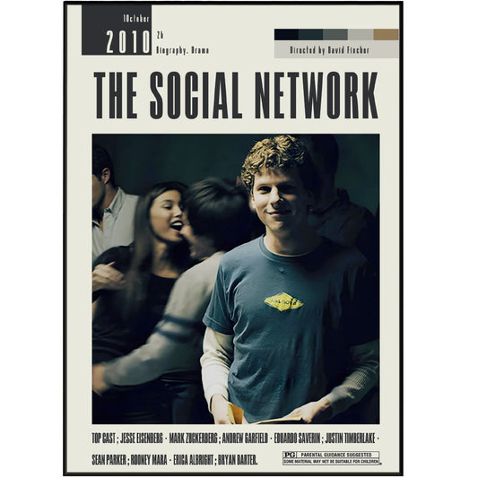 Discover the perfect blend of vintage style and iconic cinema with The Social Network poster, featuring David Fincher's acclaimed film. Add a touch of midcentury charm to your home decor while showcasing your love for the best movies of all time. This retro movie art will elevate any space with its minimalistic design and Hollywood appeal.