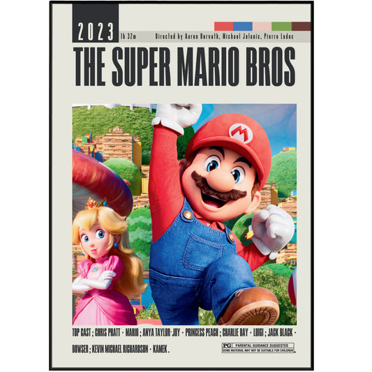 "Bring the magic of Super Mario Bros to your walls with our original and affordable movie posters. Choose from a variety of sizes, styles, and frames to fit your room's aesthetic. Our custom, minimalist, and vintage posters will add a touch of retro charm to any space."