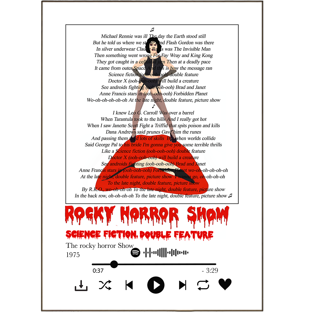 "Time warp to the ultimate art experience with these Song Lyric Prints from the Rocky Horror Show! These music-inspired pieces make the perfect addition to any theatre-lover's wall, and they'll be singing along in no time - or should we say "thrilling and filling you with chill"!