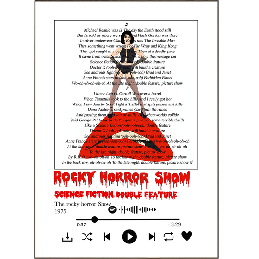 "Time warp to the ultimate art experience with these Song Lyric Prints from the Rocky Horror Show! These music-inspired pieces make the perfect addition to any theatre-lover's wall, and they'll be singing along in no time - or should we say "thrilling and filling you with chill"!