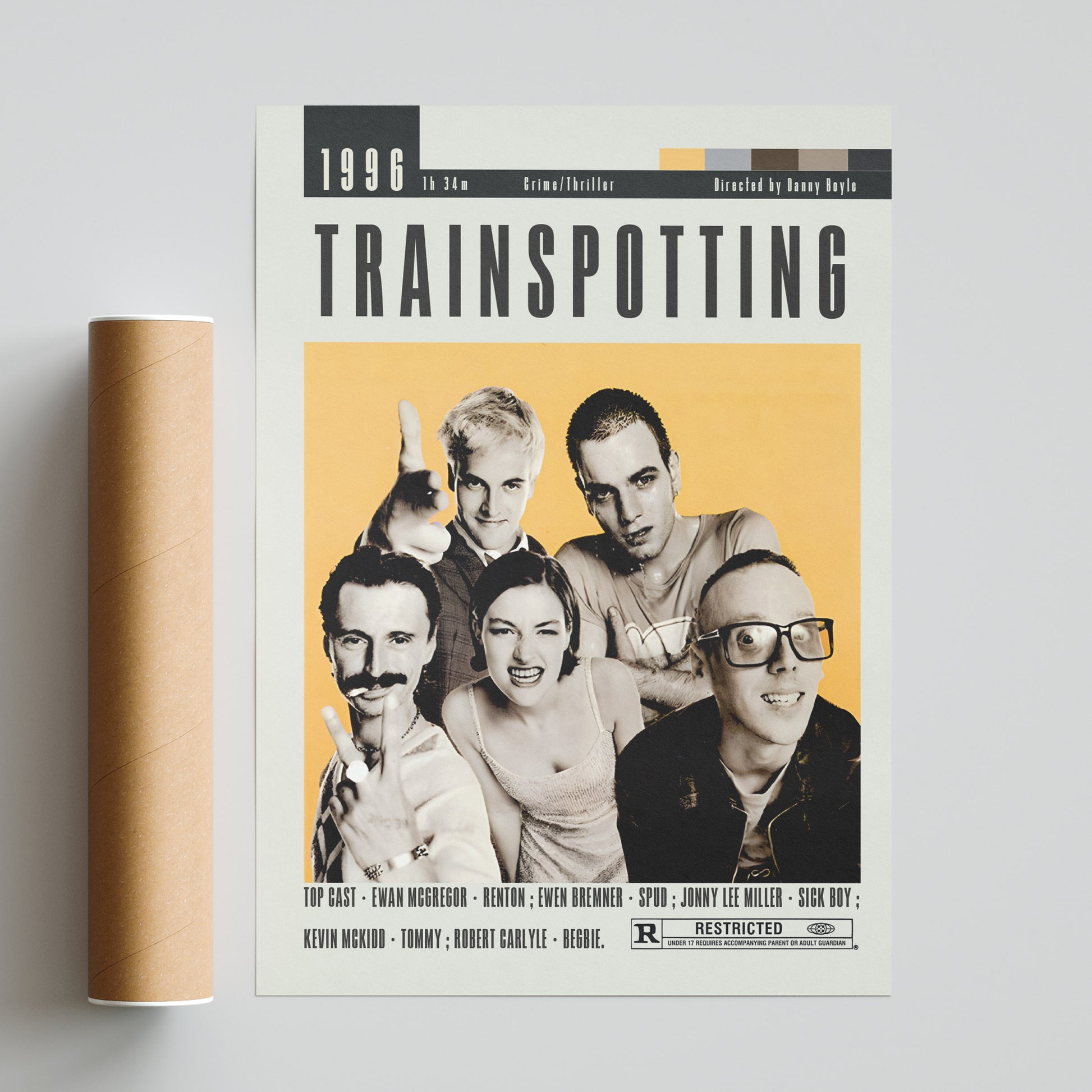 "Choo-choose the perfect addition to your room with this Trainspotting poster featuring handmade illustrations. It's the best selection of movie posters in the UK and makes a unique gift. Danny Boyle fans, this one's for you (if you're a trainspotter)."