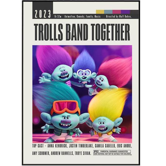 "Join the trolls and brighten up your walls with these original, cheap, and vintage movie posters from Walt Dohrn and Tim Heitz. With a custom, minimalist design, these framed posters are perfect wall art prints for any quirky space. (No, not like the one under your bed. Ha!) Grab yours now, UK posters!"