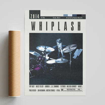 Transform your home into a vintage cinema with our Whiplash Poster, perfect for midcentury style lovers. Minimal yet impactful, this retro movie art will add a touch of nostalgia to your wall decor. A must-have for any Damien Chazelle movie fan.