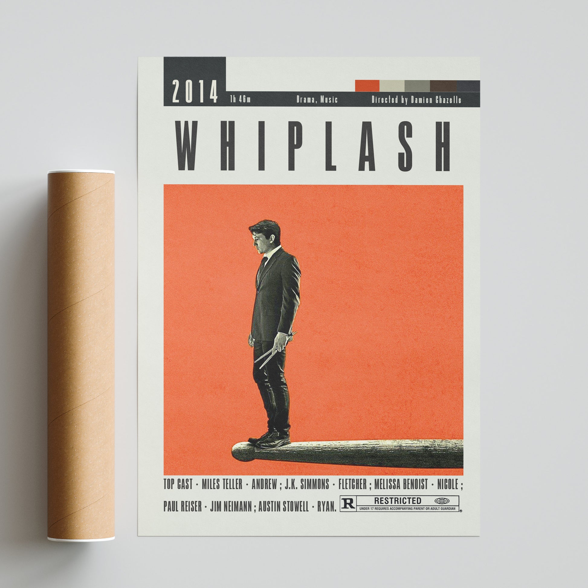 Add some retro flair to your walls with the Whiplash Poster featuring a minimal yet eye-catching design. Perfect for fans of Damien Chazelle's movies, this midcentury style poster will bring a touch of nostalgia to any room. A must-have for any cinema lover.