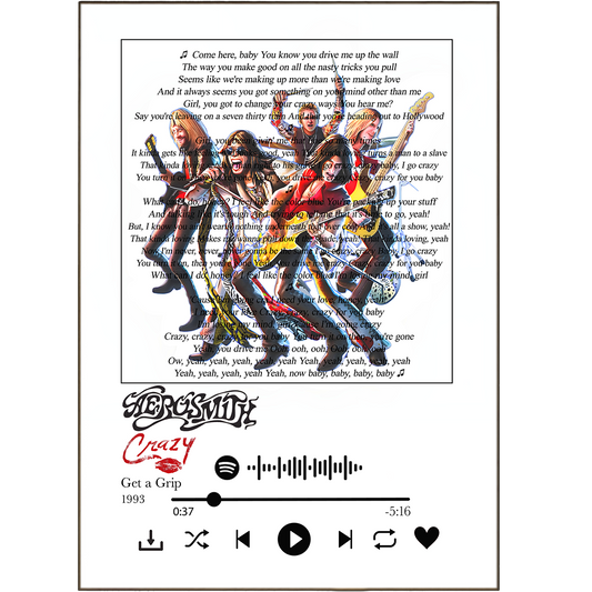 Get your fill of rock & roll with this Aerosmith Crazy Print! Each lyric print is crafted using your favorite Spotify song, so you can rock out to the words of your favorite jam in unique fashion. Bring it home and let the words fill your walls with rock star vibes!