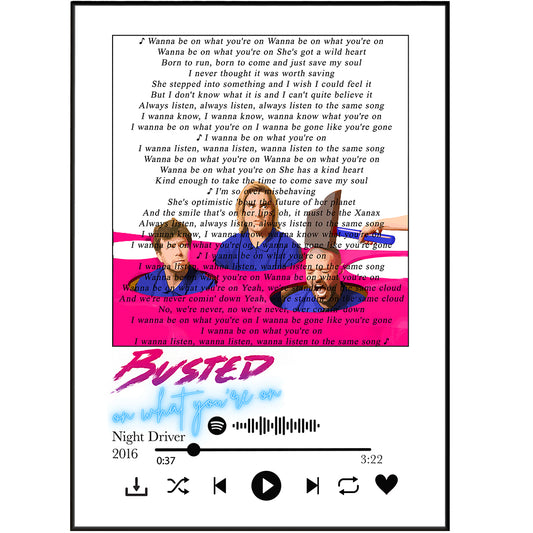 Bring the lyrics of the hit song 'On What You're On' to your walls with this high-quality print from the band Busted. Available in three sizes, it shows the song's full lyrics against a classic monochrome background. Perfect for adding subtle style to any room.