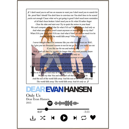 Make sure your walls have the right beat with this "Copy of Dear Evan Hansen - Only Us" print! Featuring lyrics from your favorite songs, this song lyric print is perfect for adding personality and a unique accent to your space. Your friends will be singing-along in no time!
