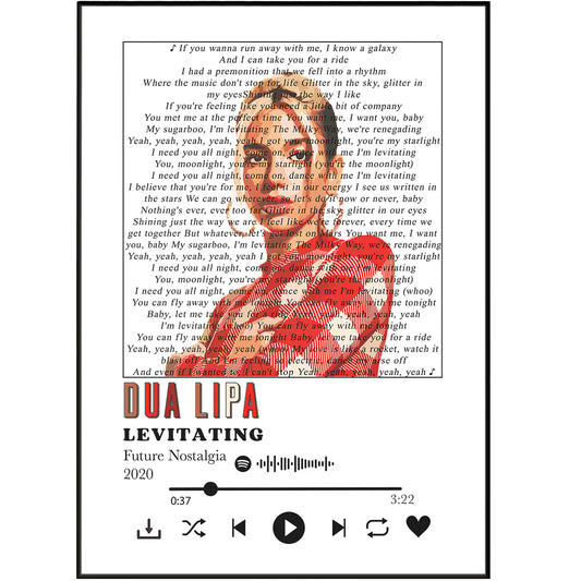 Discover the perfect wall art to express your favorite song, <a rel="noopener" href="https://www.youtube.com/watch?v=WHuBW3qKm9g" target="_blank">Dua Lipa - Levitating</a>&nbsp;Lyrics Prints. Our free song lyrics print come in elegant colorful designs, artwork from song lyrics, personalized lyrics to print, and more, with hundred