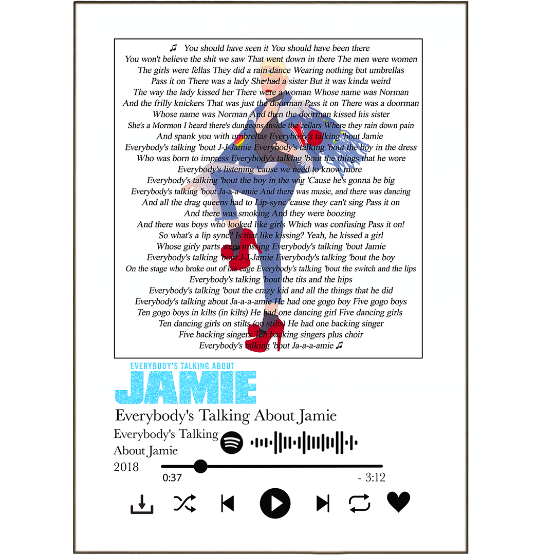 Everybody's talking about Jamie's lyric prints! Showcase your favorite song lyrics with these personalized prints, sure to be the hit of any room. These quirky prints turn Spotify music into wall art - you can pick any song and lyrics to design your own lyric prints. Make it yours—Jamie style!