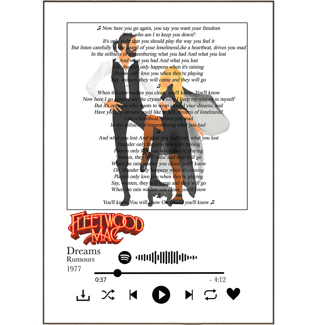 Decorate your walls with the music that moves you! These Fleetwood Mac "Dreams" Prints look great and feature your favorite song lyrics, personalized with your favorite Spotify jam. Make it one-of-a-kind with our lyric prints and impress your friends with your music memorabilia! 🎵